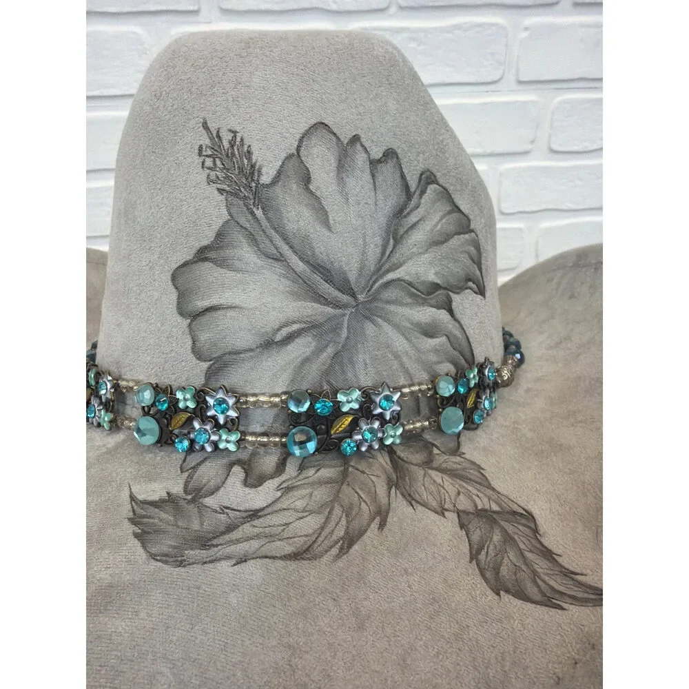 Sun Kissed Fedoras Cowgirl Hat Greige Floral Beaded Trim Medium